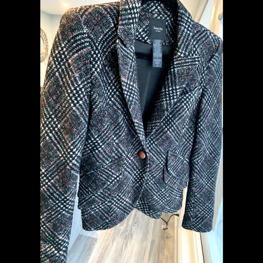 SMYTHE Tweed Red Leather Elbow Patch Blazer